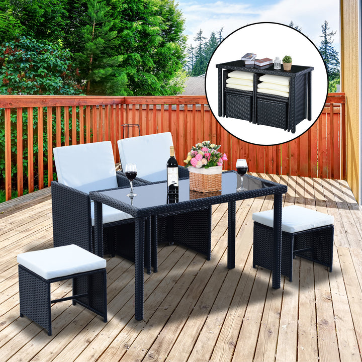 MCL 2 Seater Rattan Cube Garden Furniture Set, Rattan Dining Set with Cushions, Outdoor Dining Table and Chairs with 2 Armchairs, 2 Stools, Rectangular Glass Top Table for Patio, Balcony, Black