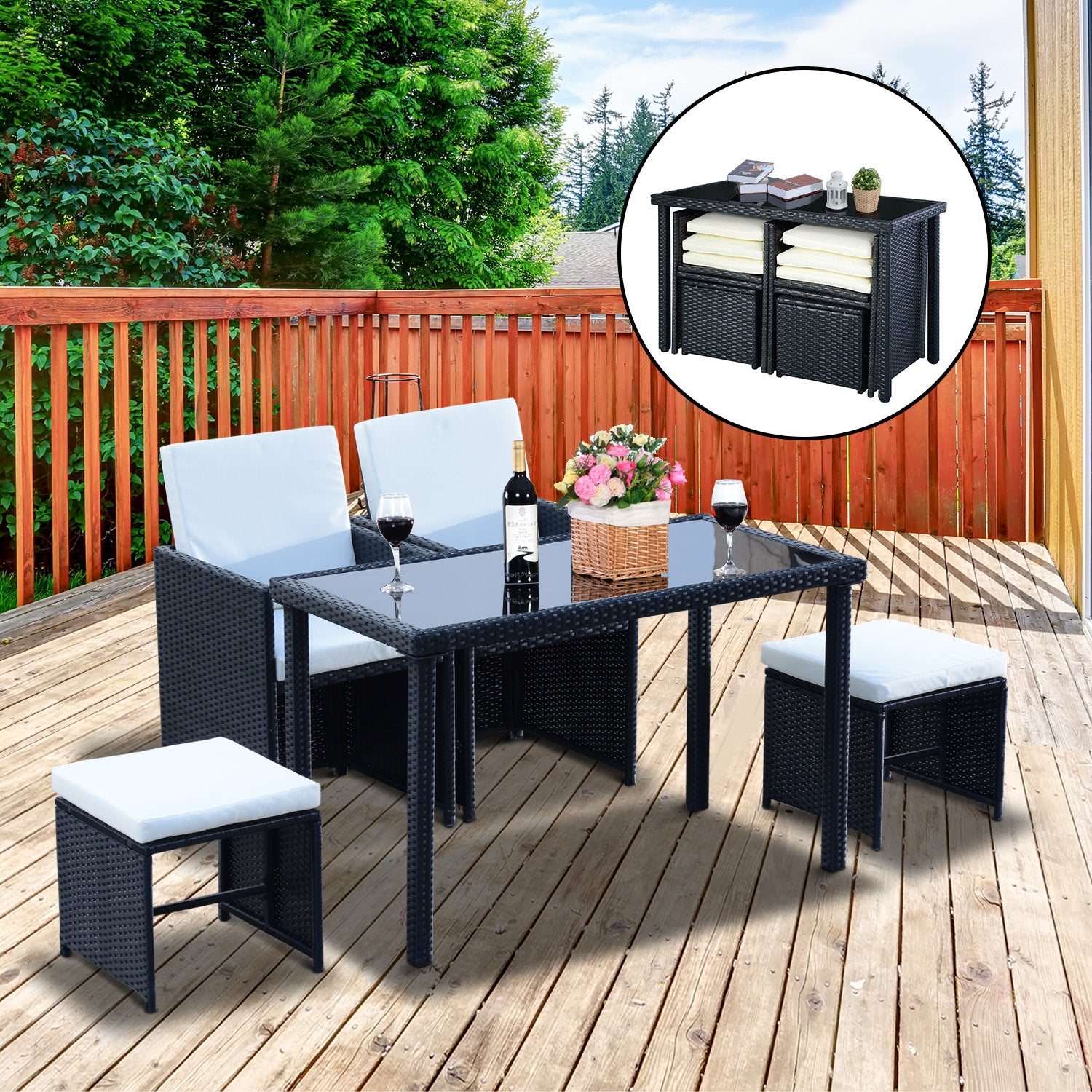 2 Seater Rattan Cube Garden Furniture Set, Rattan Dining Set with Cushions, Outdoor Dining Table and Chairs with 2 Armchairs, 2 Stools, Rectangular Glass Top Table for Patio, Balcony, Black