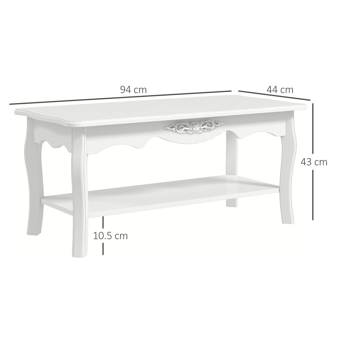 White Coffee Table Wood Cocktail Tea Centre Table with Storage Shelf for Living Room Reception Room, 94L x 44W x 42H cm