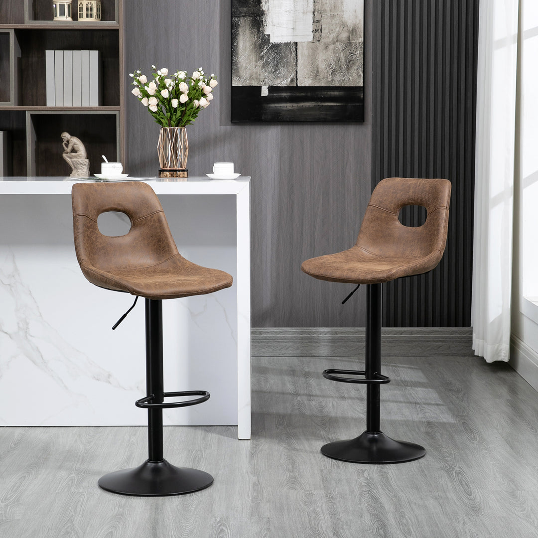 HOMCOM Retro Bar Stools Set of 2, Faux Leather, Adjustable Height with Backrest and Footrest, Brown | Aosom UK