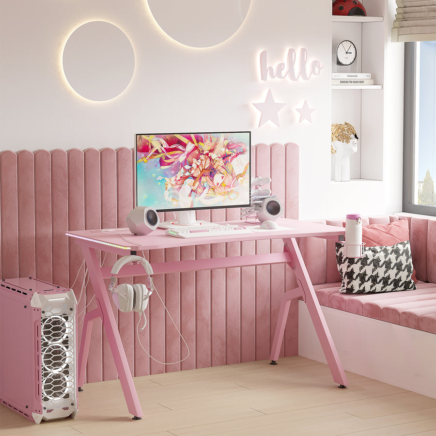 RGB 120 x 66cm Gaming Desk, Computer Table with Carbon Fibre Surface, Headphone Hook, Cup Holder, Controller Rack, Home Office Desk, Pink