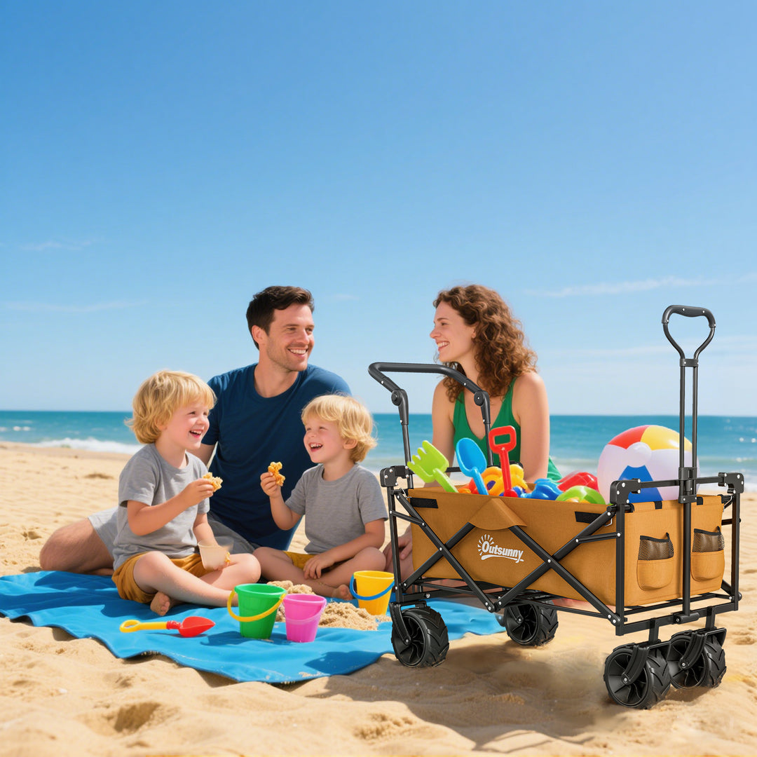 120L Festival Trolley on Wheels, Folding Camping Trolley Cart with Removable Canopy, All-Terrain Wheels, Adjustable Handle, Push or Pull for Garden Beach Fishing Shopping, Orange