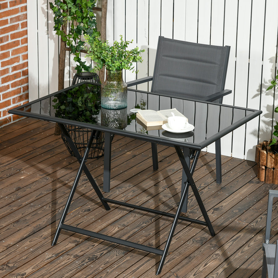 Folding Outdoor Dining Table for 6, Rectangle Garden Table Tempered Glass Top with Parasol Hole Garden Lawn Backyard, 110 x 70 x 70 cm