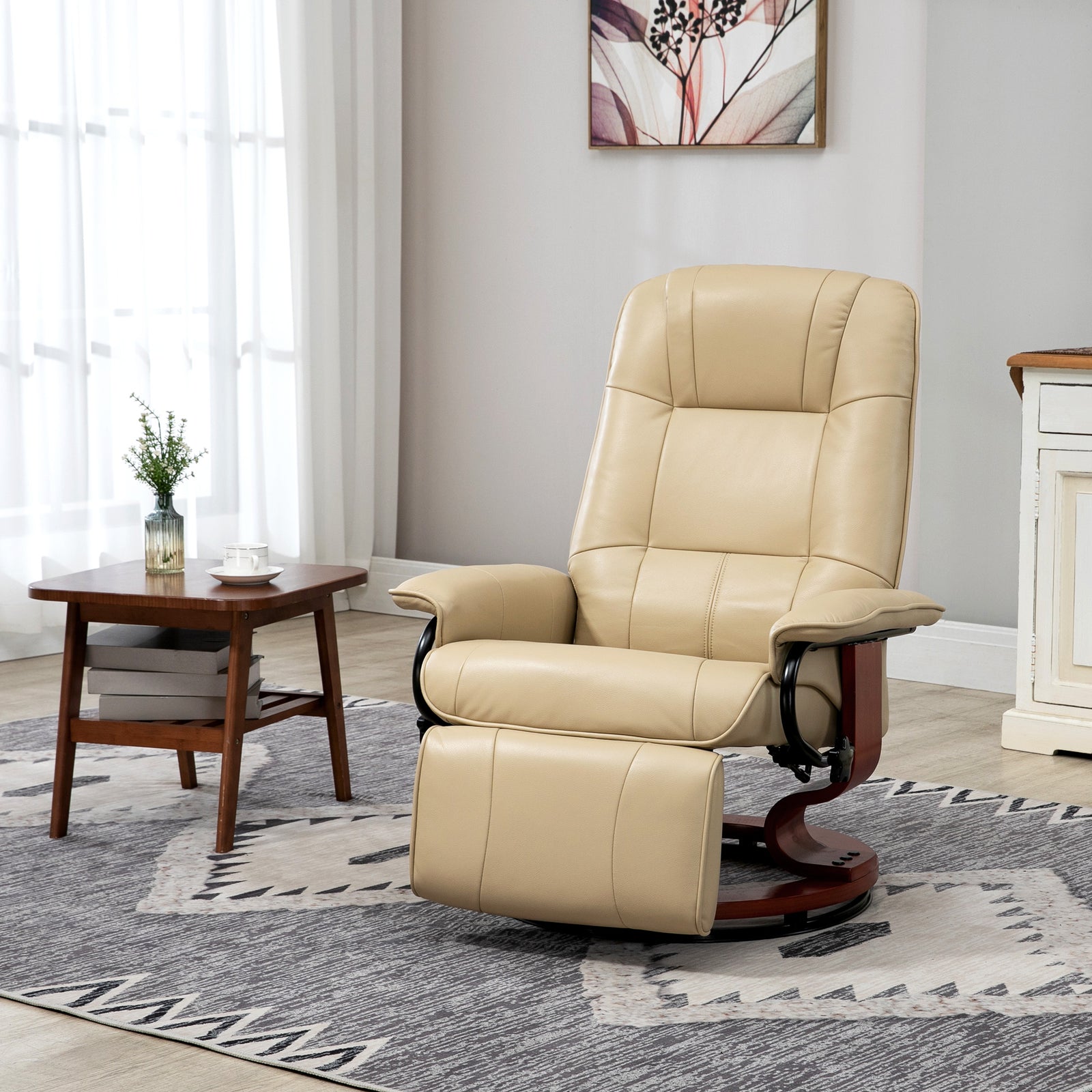 Faux Leather Armchair, with 145° Reclining Back and Footrest - Cream
