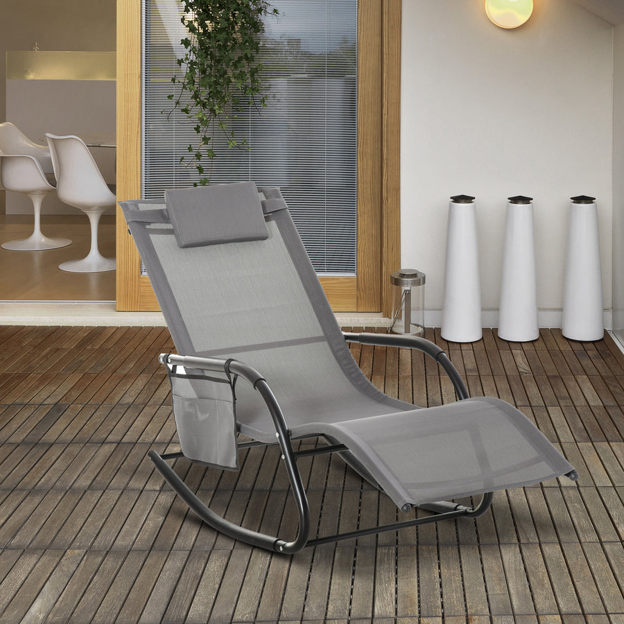 Outdoor Garden Rocking Chair, Patio Sun Lounger Rocker Chair with Breathable Mesh Fabric, Removable Headrest Pillow, Armrest, Side Storage Bag, Grey