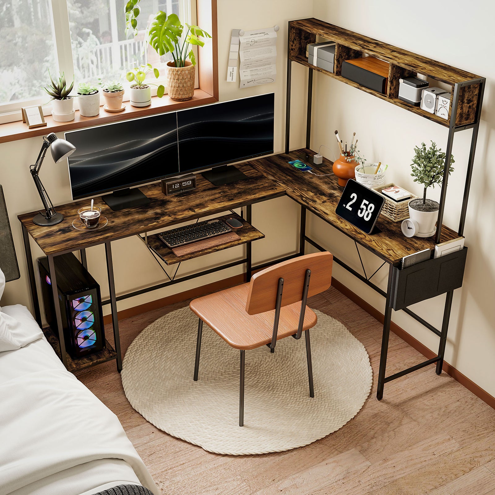 160cm Reversible L Shaped Desk with Power Outlet, Industrial Corner Desk with Storage Shelves and Keyboard Tray, 240cm Long Computer Desk for 2 Person, Rustic Brown