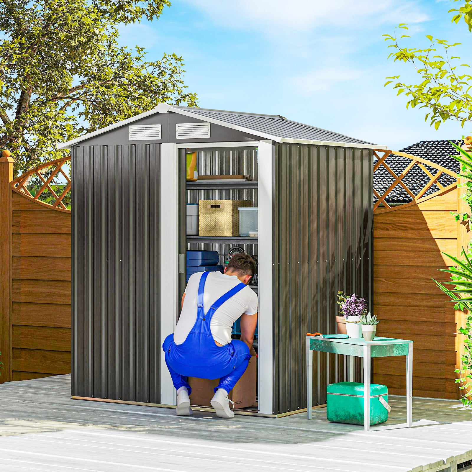 Garden Metal Tool Storage Shed with Sliding Door, Sloped Roof and Foundation Kit, 152 x 132 x 188cm, Grey