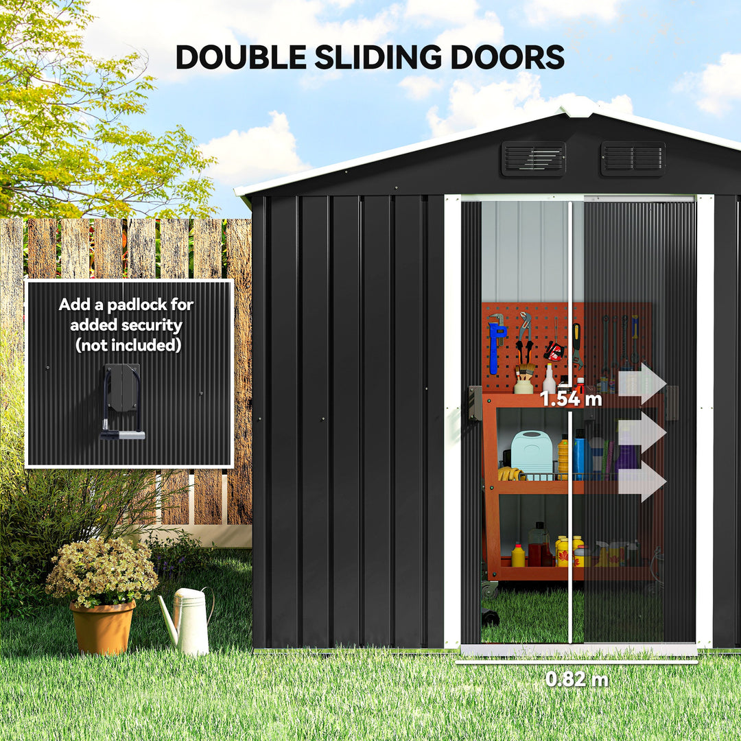 7.7 x 5.7ft Metal Garden Shed, Galvanised Outdoor Tool Storage House with Ventilation Slots and Sliding Doors, Grey