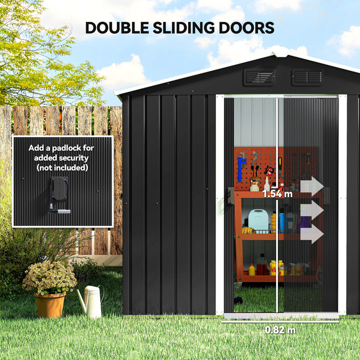 7.7 x 5.7ft Metal Garden Shed, Galvanised Outdoor Tool Storage House with Ventilation Slots and Sliding Doors, Grey