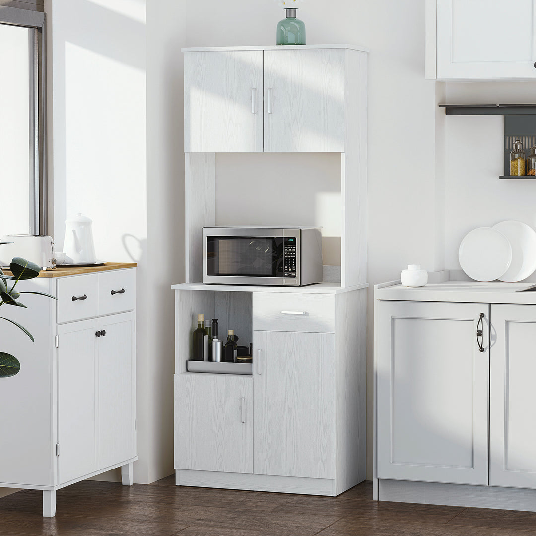 Freestanding Kitchen Cupboard, Modern Kitchen Storage Cabinet with Doors, Microwave Counter and Adjustable Shelves, White
