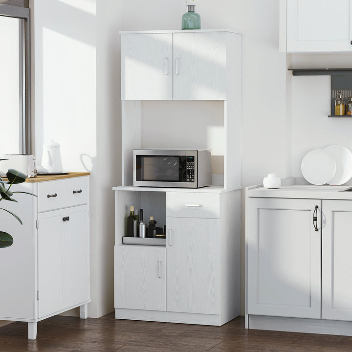 Freestanding Kitchen Cupboard, Modern Kitchen Storage Cabinet with Doors, Microwave Counter and Adjustable Shelves, White