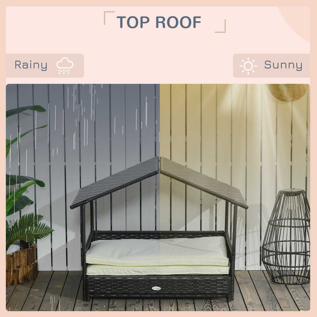 Extendable Elevated Dog Bed, Rattan Dog House, with Water-Resistant Roof, Removable Cushion, Cream