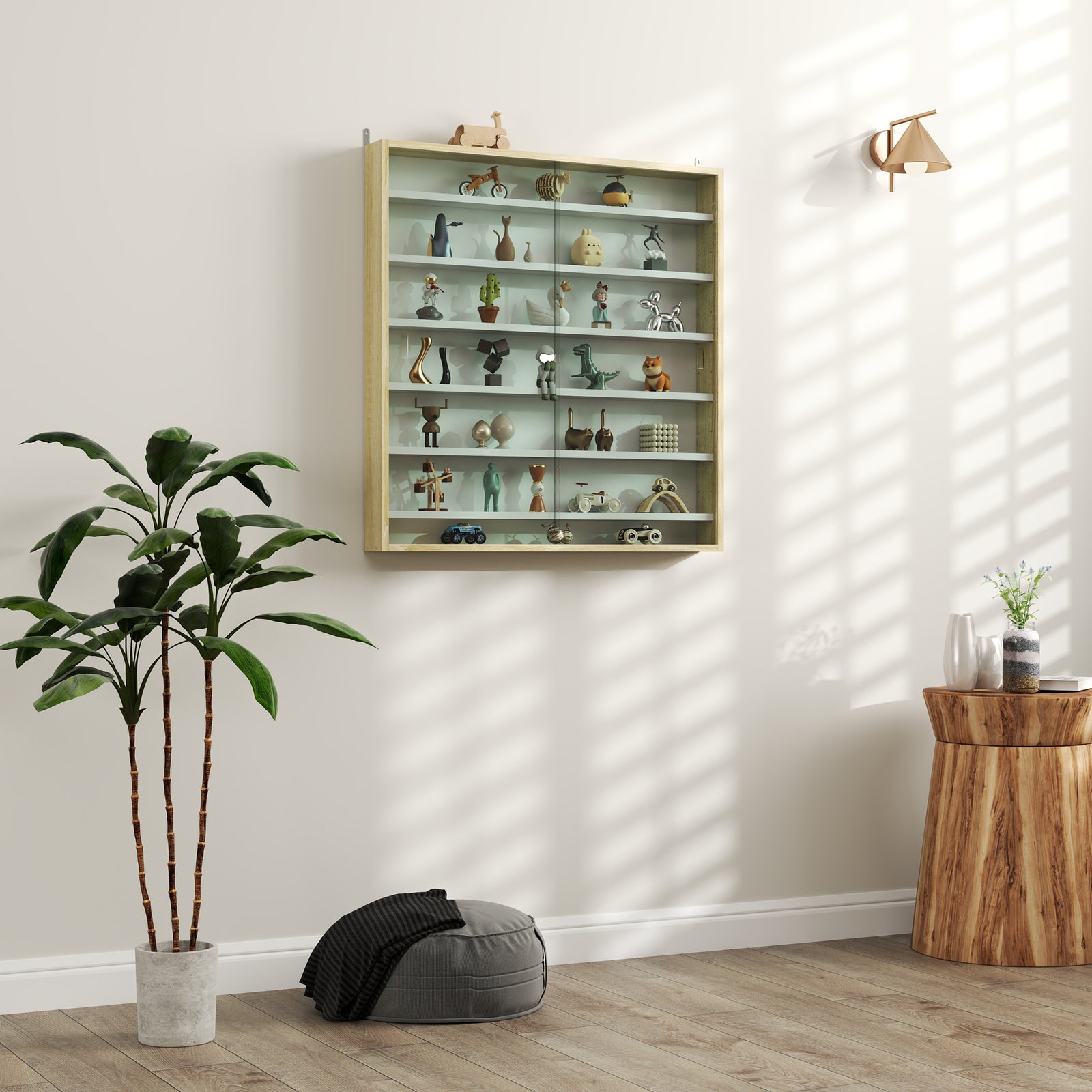 7-Tier Wall Display Shelf Unit Cabinet w/ 6 Adjustable Shelves Glass Doors Home Office Ornaments 83x80cm, Oak