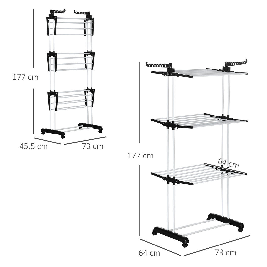 HOMCOM Laundry Drying Rack: Foldable 4-Tier Steel Clothes Airer with Castors, Indoor & Outdoor, Black | Aosom UK