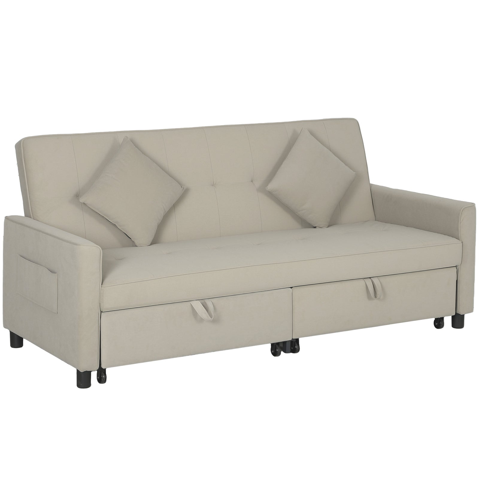 Three-Person Velvet-Feel Sofa Bed - Beige