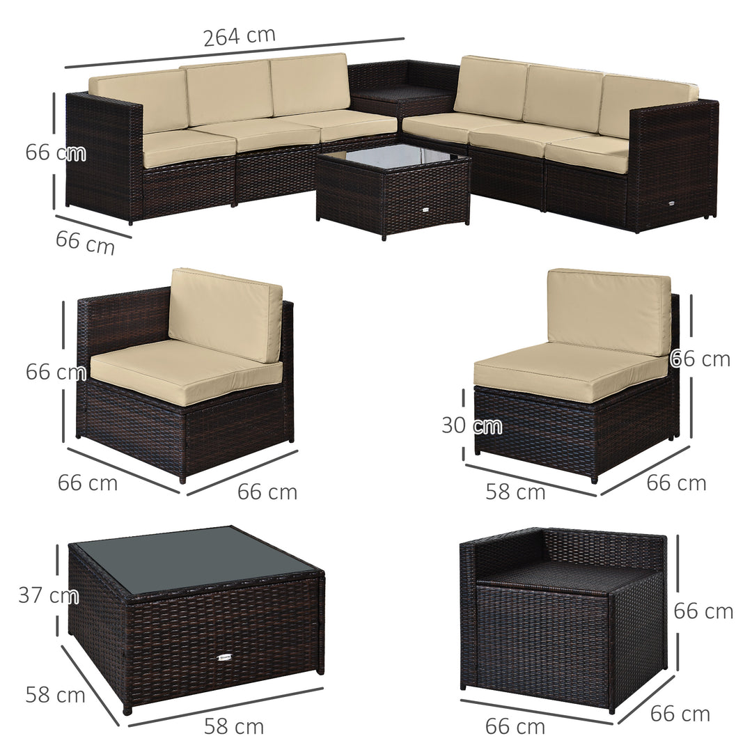 6-Seater Rattan Sofa Furniture Set W/Cushions, Steel Frame-Brown
