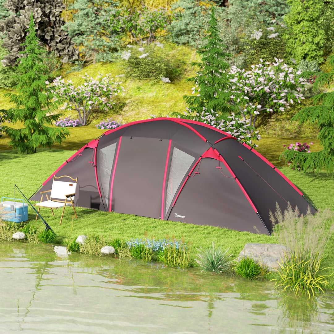 4-6 Man Family Camping Tent w/ 2 Bedrooms and a Living Room, Waterproof Tunnel Tent w/ Sewn In Groundsheet, Doors, Windows, Carry Bag, Grey