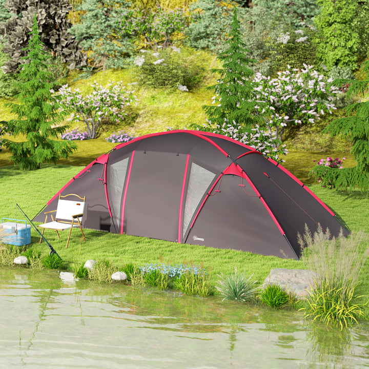 4-6 Man Family Camping Tent w/ 2 Bedrooms and a Living Room, Waterproof Tunnel Tent w/ Sewn In Groundsheet, Doors, Windows, Carry Bag, Grey
