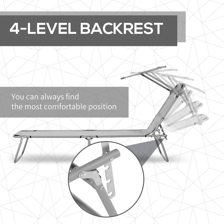 2 Pieces Outdoor Foldable Sun Lounger, 4 Level Adjustable Backrest Reclining Sun Lounger Chair with Angle Adjust Sun Shade Awning for Beach, Garden, Patio, Light Grey