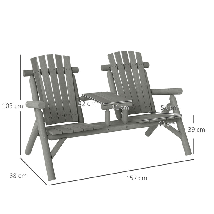 Wood Patio Chair Bench 2 Seats w/ Centre Coffee Table, Garden Bench, Grey