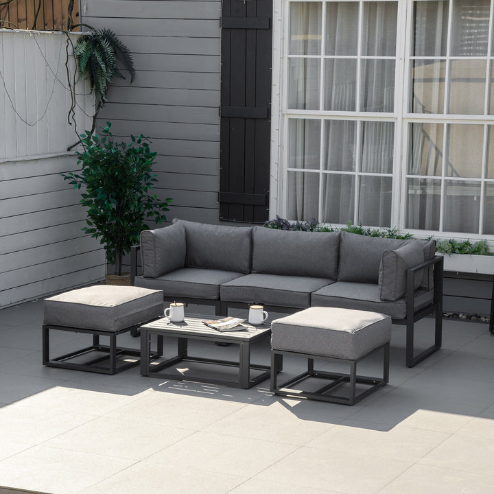 MCL Garden Daybed, 6 Piece Outdoor Sectional Sofa Set, Aluminum Patio Conversation Furniture Set with Coffee Table, Footstool and Cushions, Grey