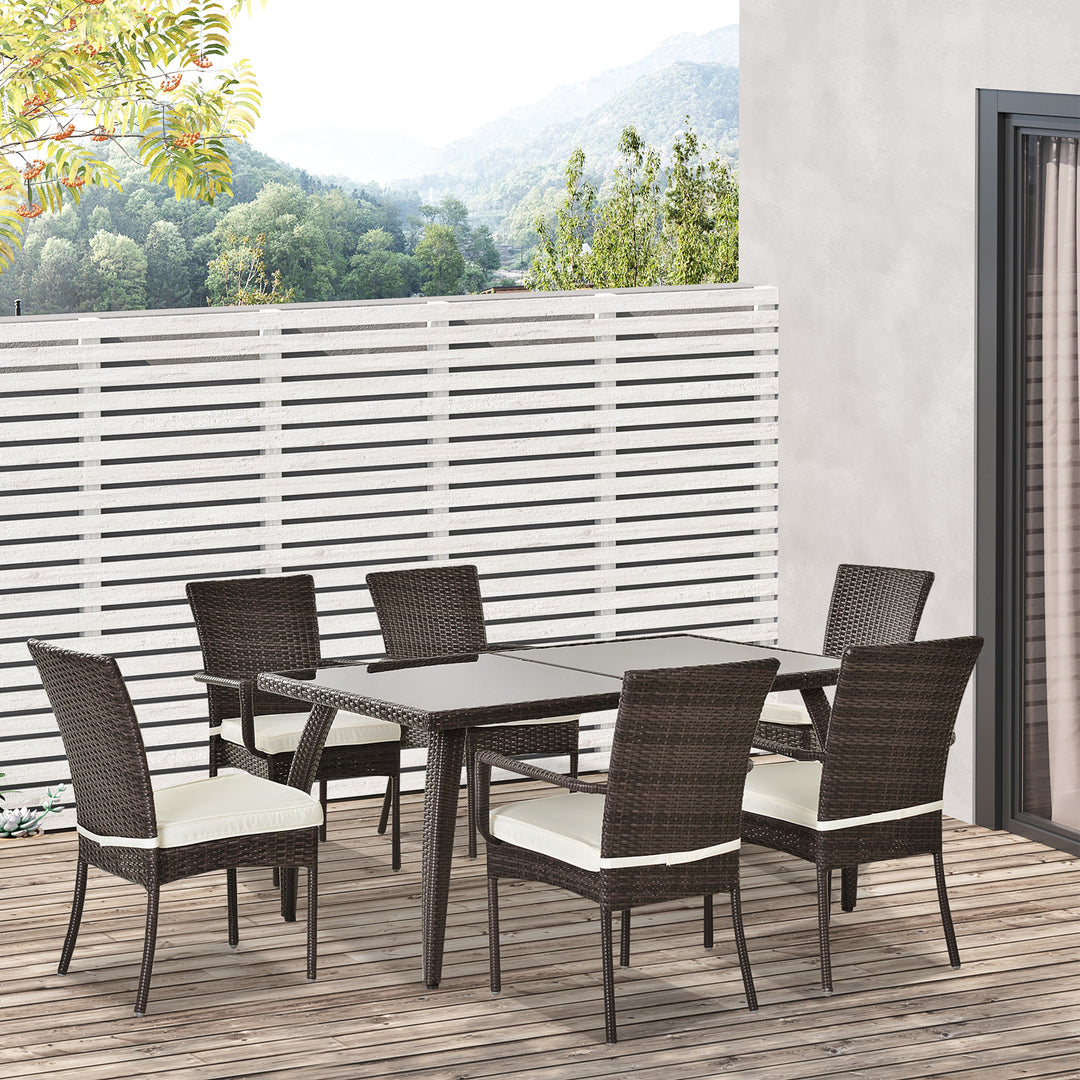 6 Seater Rattan Dining Set with Cushions, Rattan Garden Furniture Set, Outdoor Dining Table and Chairs with 6 Stackable Armchairs, Rectangular Glass Top Table for Patio, Balcony, Brown
