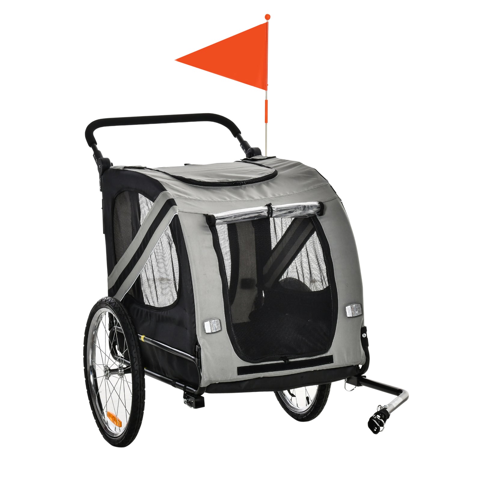 2-In-1 Pet Bike Trailer Dog Stroller Pushchair with Universal Wheel Reflector Flag Grey