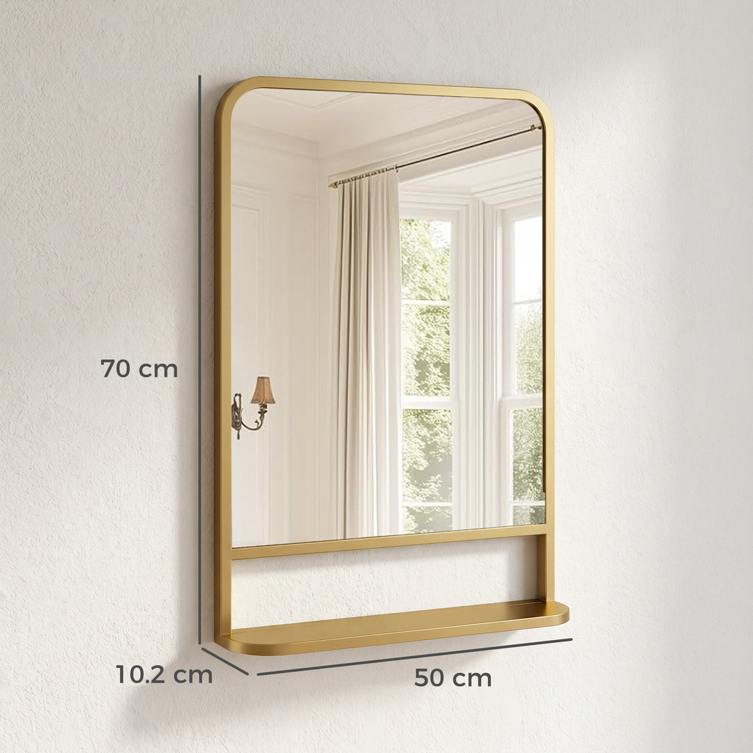 Modern Rectangular Wall Mirror with Storage Shelf, 70 x 50 cm, Gold To