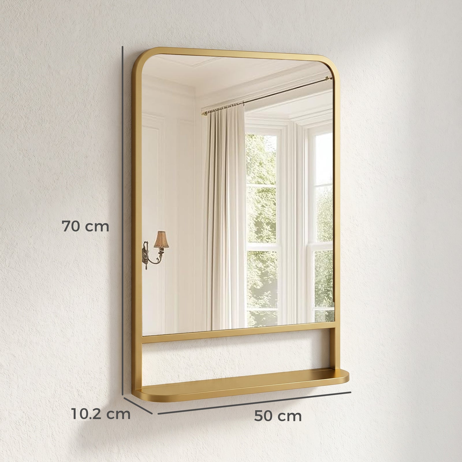 Modern Rectangular Wall Mirror with Storage Shelf, 70 x 50 cm, Gold To