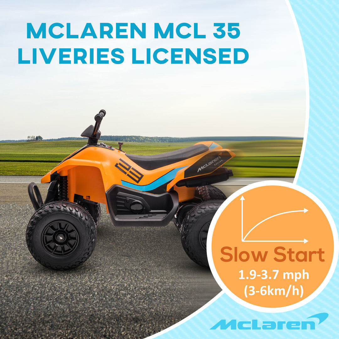 HOMCOM Mclaren Licensed 12V Quad Bike with Slow Start, Music, Headlights, MP3 Slot, Suspension Wheels, for 3-8 Years - Orange | Aosom UK