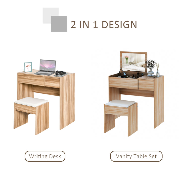 Dressing Table with Flip-Up Mirror and Cushioned Stool, Makeup Vanity Desk with Hidden Compartments and Storage Drawer, Convertible Writing Table for Bedroom, Natural