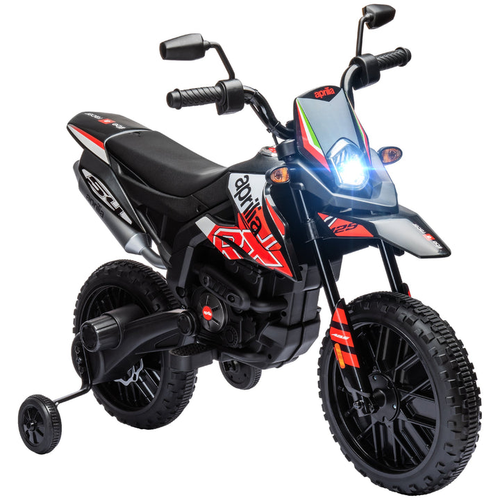 12V Aprilia Licensed Kids Motorbike with Training Wheels, Spring Suspension, LED Headlight, USB, Music