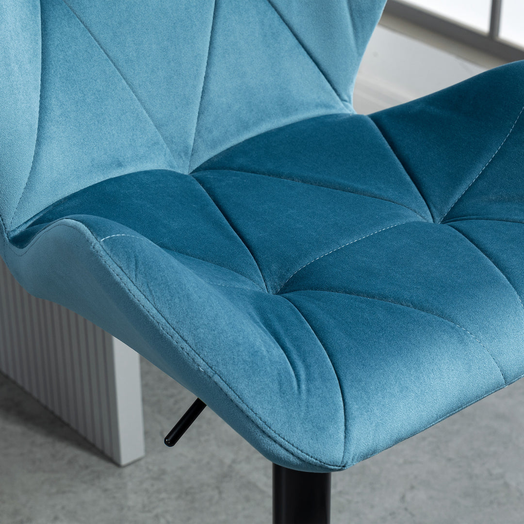 Bar Stools Set Of 2, Luxurious Velvet-Touch Barstools with Metal Frame Footrest Round Base Triangle Indenting Moulded Seat Adjustable Height Swivel Blue