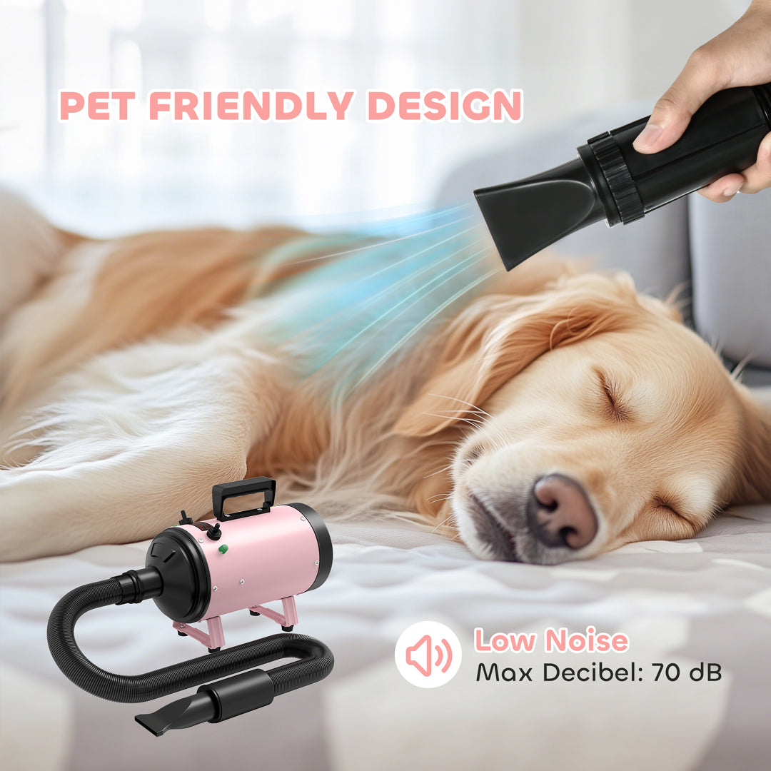 2200W Dog Hair Dryer with Adjustable Temperature & Velocity, 3 Different Nozzles, Pink