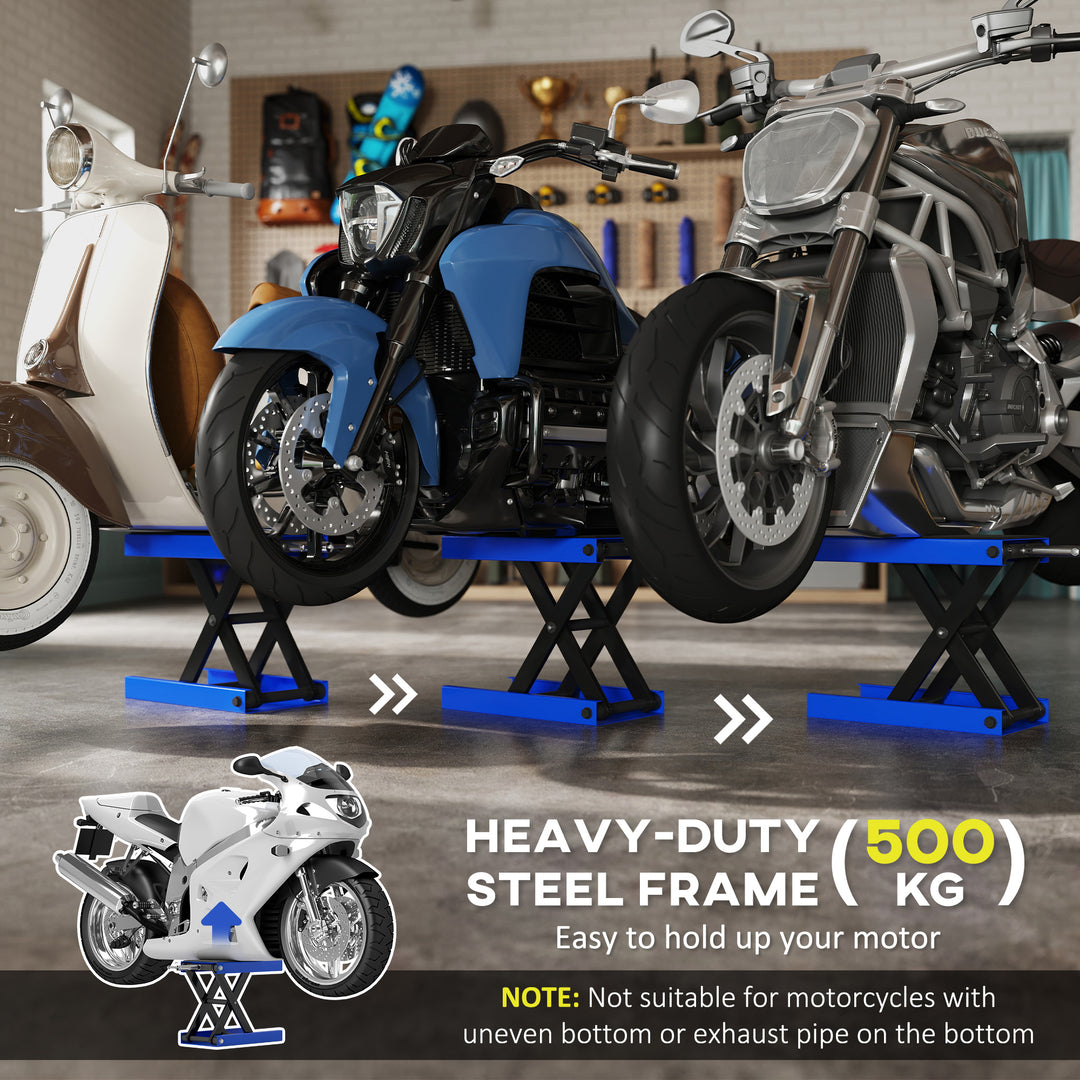 500KG Motorcycle Lift Scissor Jack, Height Adjustable Motorbike Stand with Anti-Slip Wide Deck, Heavy Duty Steel Motorbike Repair Lift Hoist Stand for Home Garage, Blue