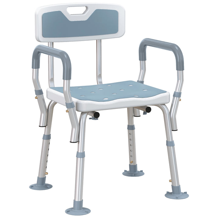 HOMCOM EVA Padded Shower Chair for the Elderly and Disabled, Height Adjustable Shower Stool with Back and Arms, 4 Suction Foot Pads, Light Blue | Aosom UK