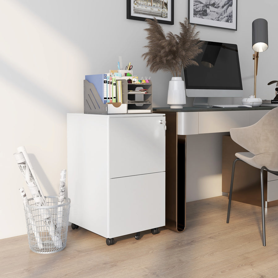 2-Drawer Vertical Filing Cabinet with Lock and 5 Wheels, Steel Mobile File Cabinet, for A4, Legal and Letter Size, Pre-Assembled Body, White