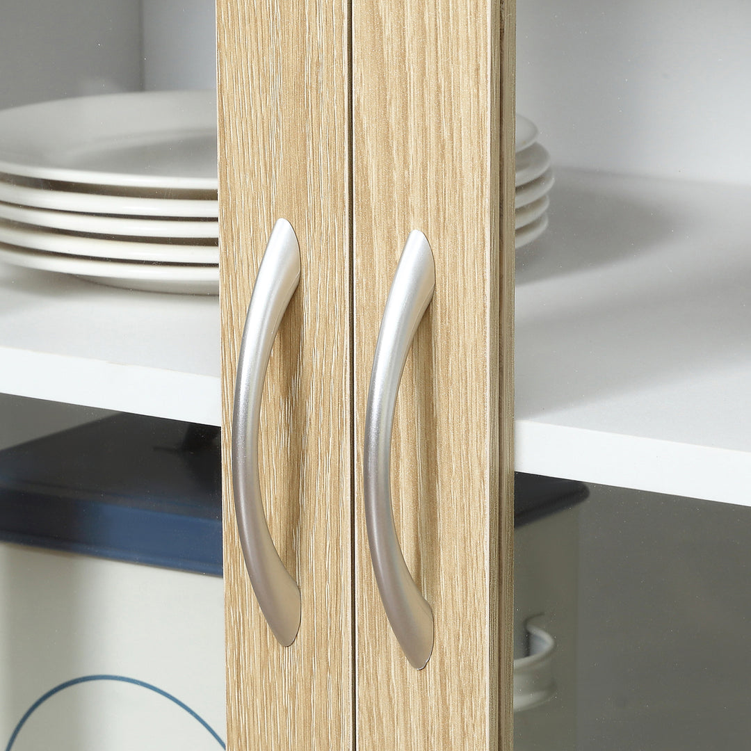 Modern Kitchen Cupboard, Freestanding Storage Cabinet Hutch with Central Drawer, 2 Glass Door Cabinets and Countertop, 180cm