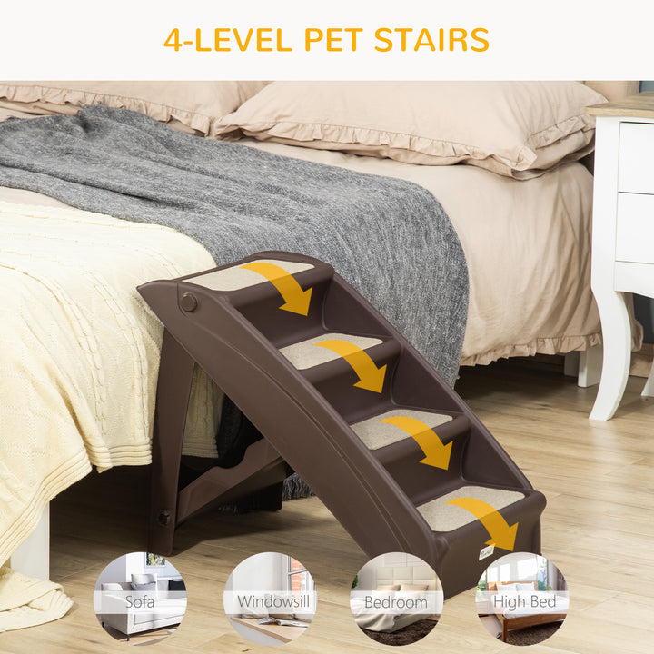 PawHut Foldable Pet Stairs, 4-Step for Cats Small Dogs with Non-slip Mats, 62 x 38 x 49.5 cm, Dark Brown | Aosom UK