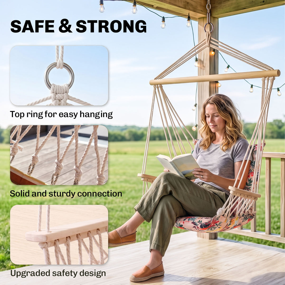 Garden Outdoor Hanging Hammock Chair Thick Rope Frame Wooden Arms Safe