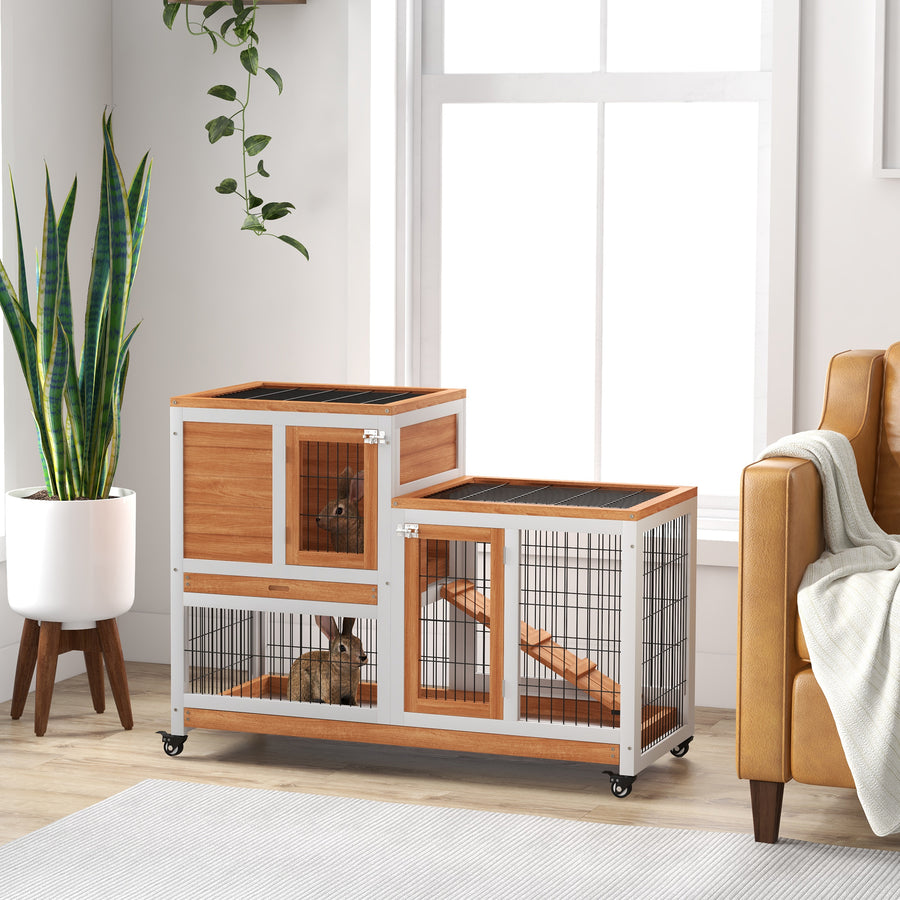 Wooden Indoor Hutch Elevated Cage w/ Wheel, Run, Yellow