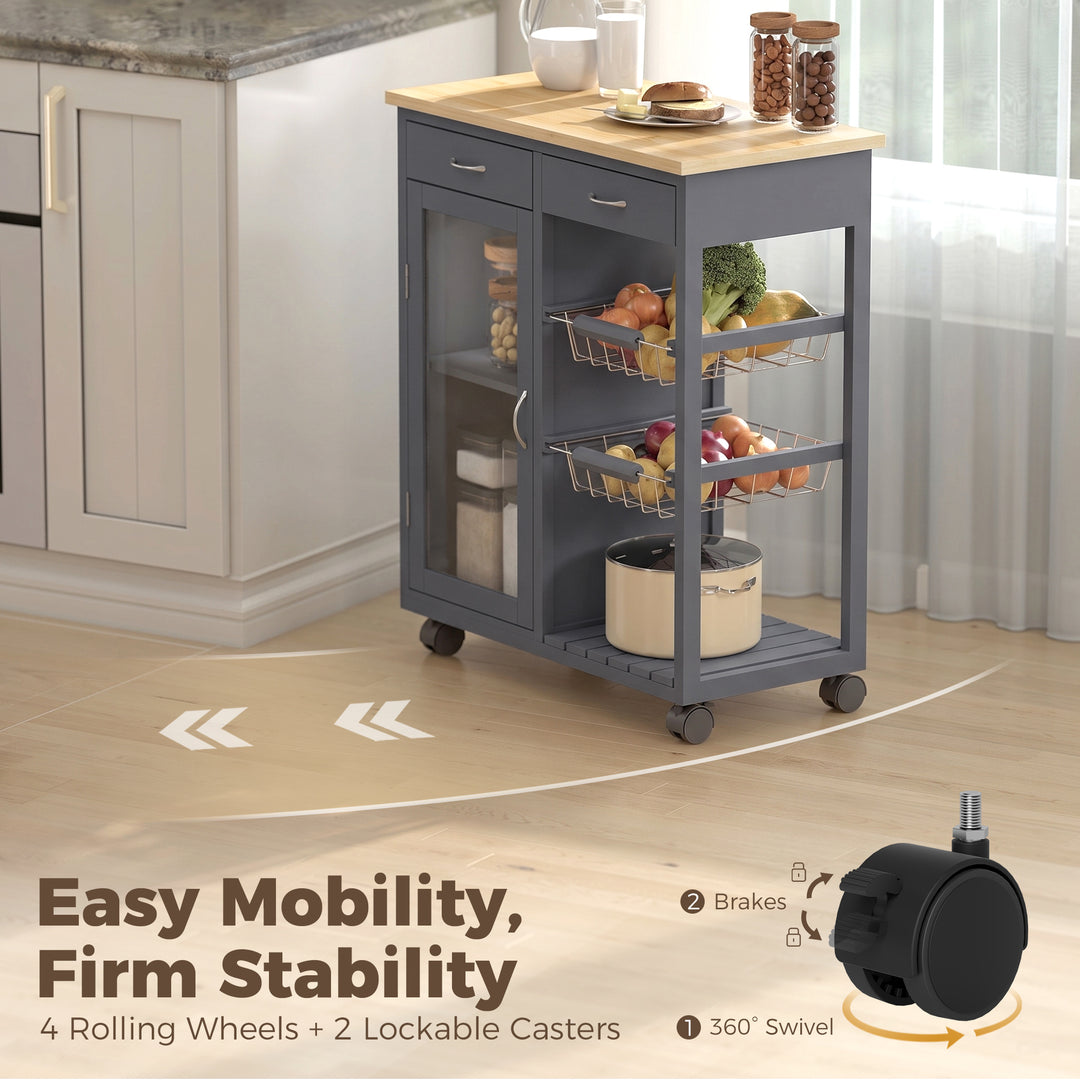 Bamboo Kitchen Island, Rolling Kitchen Trolley with Glass Door, 2 Meta