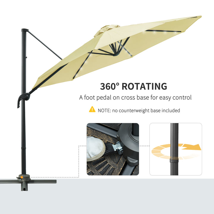 3(m) LED Cantilever Parasol Garden Sun Umbrella w/ Base and Solar Lights Beige