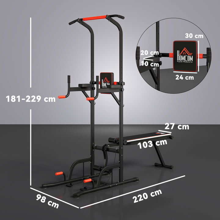 MCL Multifunction Power Tower Home Workout Dip Station w/ Sit-up Bench Push-up Bars and Tension Ropes Fitness Equipment Office Gym Training