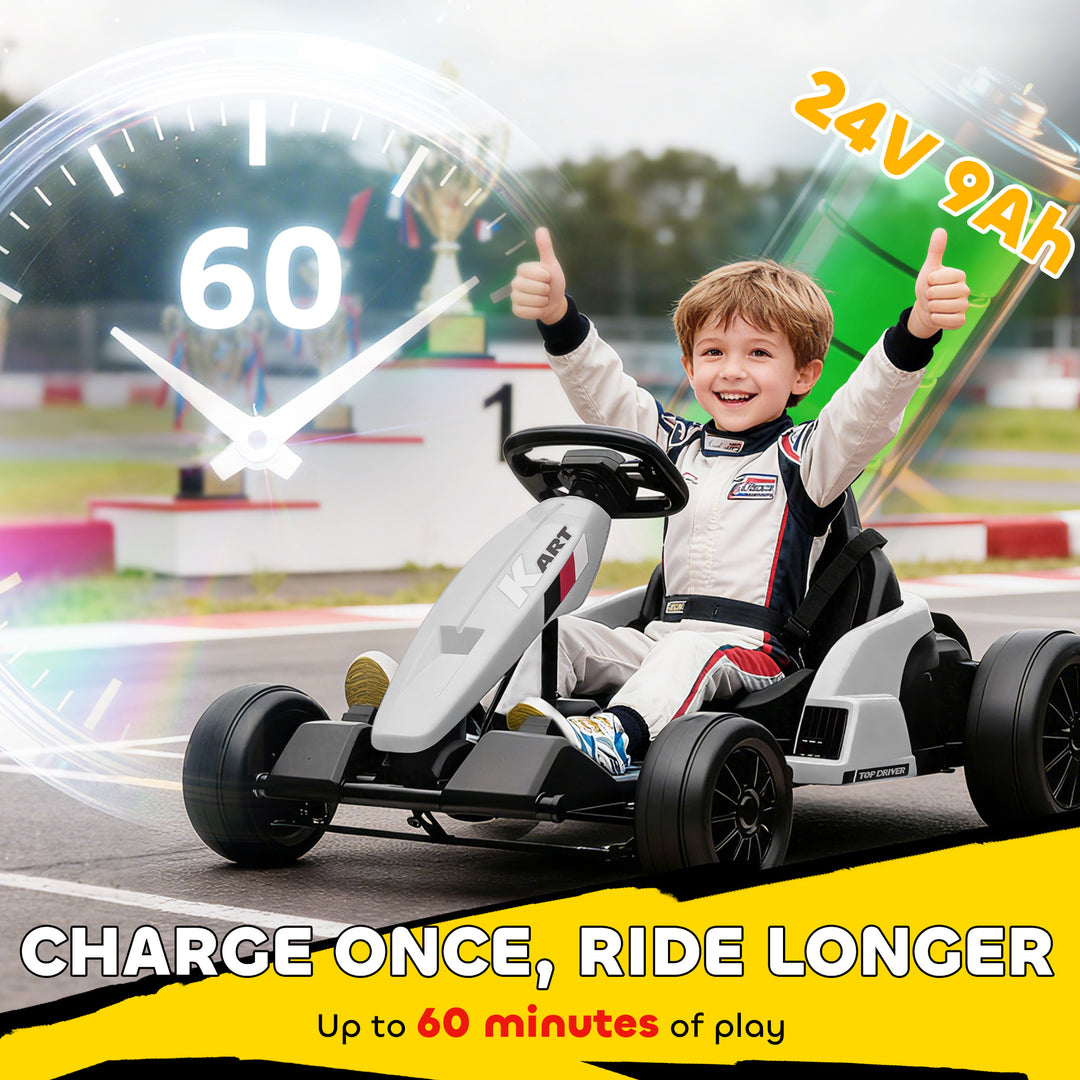 24V Electric Go Kart, Drift Kart with Adjustable Seat, Slow Start, 5-Point Harness, Music, Horn, for 6-12 Years