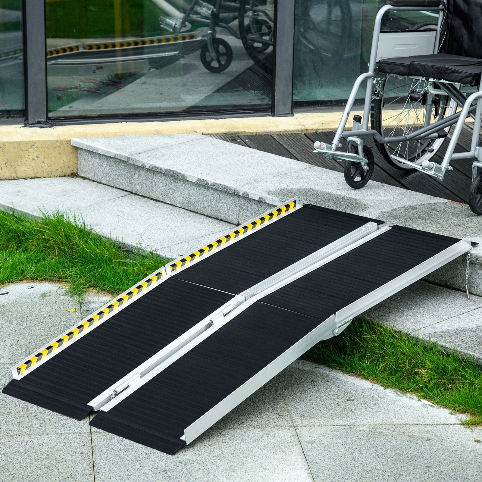 Wheelchair Ramp, 152L x 73Wcm, 272KG Capacity, Folding Aluminium Threshold Ramp with Non-Skid Surface, Transition Plates Above and Below for Home, Steps, Stairs, Curbs, Doorways
