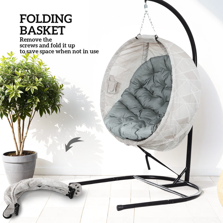 Hanging Egg Chair Outdoor Indoor Garden Swing Chair with Folding Basket, Garden Hanging Chair with Stand, Thickened Cushion, Cup Holder for Patio, Balcony, Grey