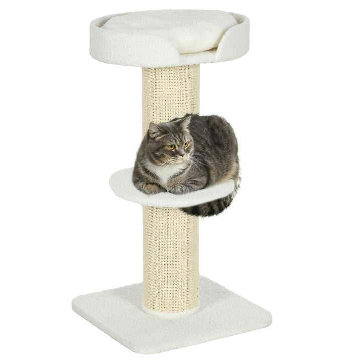 PawHut 2 Tier Sisal Sherpa Cat Tree with Basket Cushion Sisal Post Cream White | Aosom UK