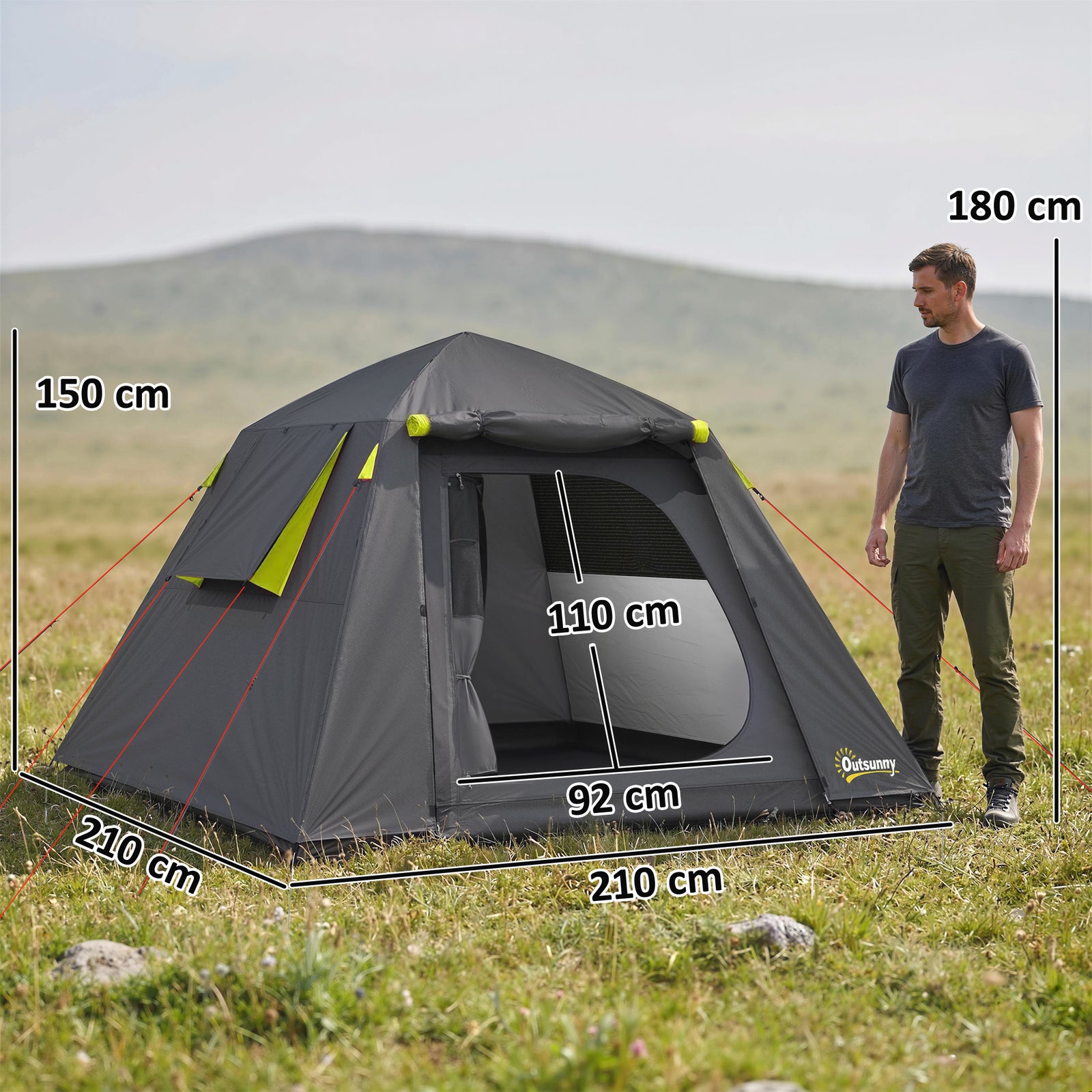 Camping Tent 3000mm Waterproof Tent with 2 Doors for 2 Person, Grey & 