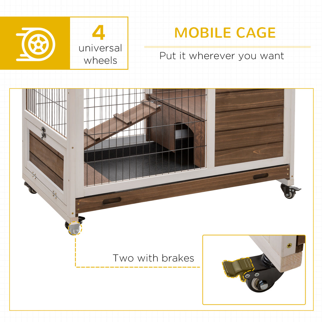 MCL Wooden Guinea Pig Hutch, 2-Floor Bunny Cage w/ Enclosed Run Area, Brown